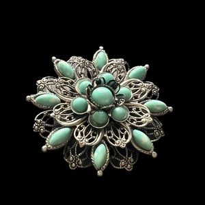 Turquoise Circular Floral Brooch - Unsigned